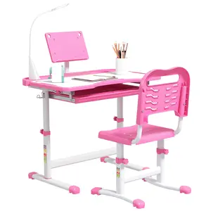 Desk & Chair Set – Pink. For Ages 6-12. USB LED Lamp (3 Color Temps) + Book Holder. Adjustable Height + Tilt Desktop 45°. Drawer + Pencil Case + Cup Holder