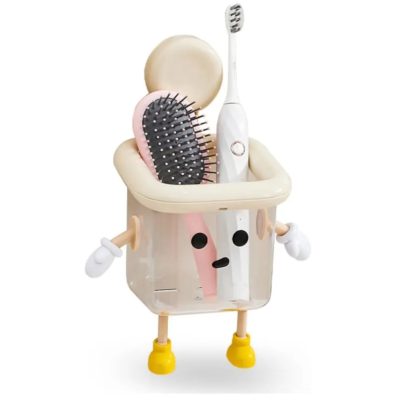 Cute Suction-Based Toothbrush Holder - Wall-Mounted, No-Drill Bathroom Organizer with Large Rack & Face Towel Storage Box for Sink Area