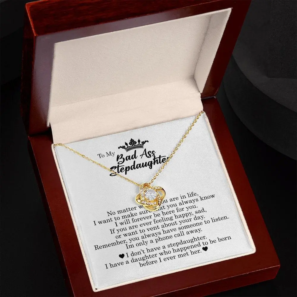To My Badass Step Daughter Gift - Love Knot Necklace for Stepdaughter, Present to Bonus Daughter from Stepmom, Women's Jewelry