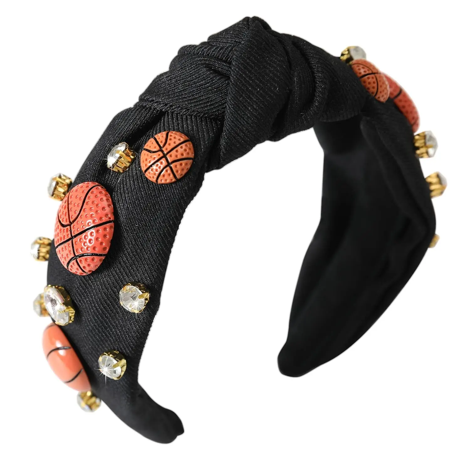 Basketball Knotted Headband for Women Crystal Rhinestone Jeweled Headband Black Knot Embellished Hairband Funny Game Day Hair Accessories Gift for Ladies Girls Fans