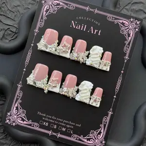 Size (M) Handmade Press On Charm Duck Nails with Rhinestone Accents and Elegant Design for Nail Art
