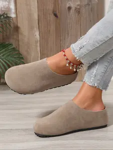 Women's Vintage Plush Half-Draped Flat Lazy Mules Shoes, Casual Home & Outdoor Wear, Versatile Comfortable Thick Bottom Slippers