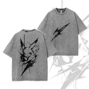 PKC Pocket Monster Y2K Retro Oversized Acid Wash Anime Graphic Tee - Unisex Cotton Heavyweight Crewneck Vintage T-Shirt Streetwear for Otaku Fans