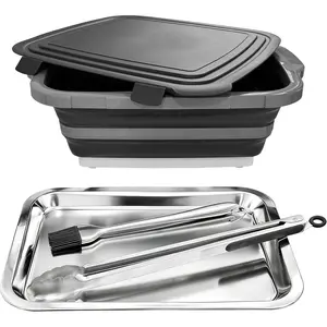 Collapsible BBQ Prep Tub with Lid, 4- 16L Foldable Meal Prep & Marinating Container Set with Stainless Steel Tray, Tongs & Brush, Prep Surface for  , Kitchen, Camping & Outdoor Cooking