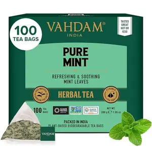 VAHDAM, Pure Mint Herbal Tea Bags (100 Pyramid Tea Bags) Caffeine Free, Non GMO, Gluten Free | Blend of Spearmint & Peppermint - Sweet & Minty | Whole Loose-Leaf Tea Bags | Resealable Ziplock Pouch