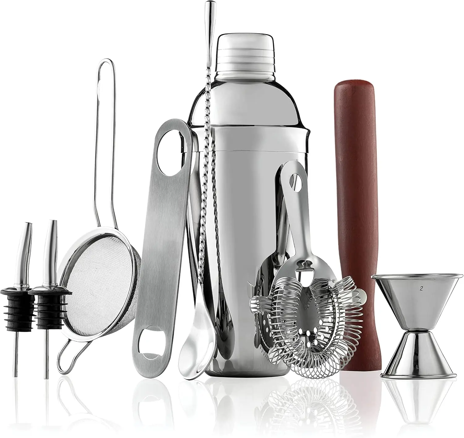 FineDine 10 Piece Cocktail Shaker Set, 26 oz Stainless Steel Bartender Kit with Jigger, Muddler, Strainer, Bar Spoon, Bottle Opener, Pour Spouts & Travel Bag, Home Bar Mixology Set for Adults