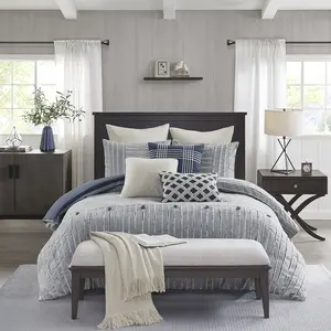 360 Stand Queen Size 7-Piece Oversized Cotton Clipped Jacquard Comforter Set - 92x96x1.5in Casual Cotton Fabric, Striped Pieced Design, Euro Shams, Throw Pillows, Removable Insert, Farmhouse Vibes, Blue, Jacquard Weave, 7 Pieces