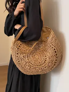 New Hollow Out Flower Round Woven Bag, Fashion Casual Shoulder Bag, Women's Beach Bag, Stylish Handwoven Straw Purse, Fashionable Straw Bag