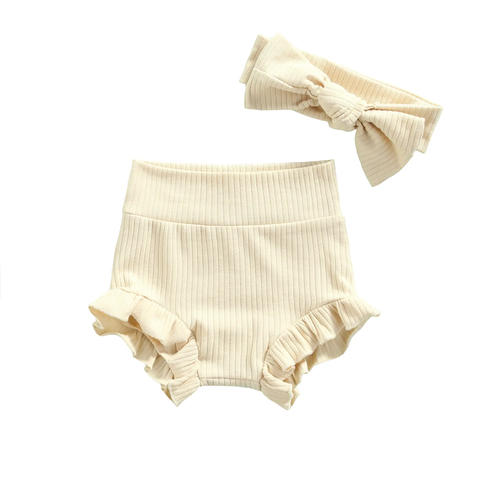 Adorable Ruffle Bloomers for Baby Girls, Solid Color Cotton High Waist Diaper Cover Shorts and Headband Set for Summer, Adorable Baby Girls Bottoms