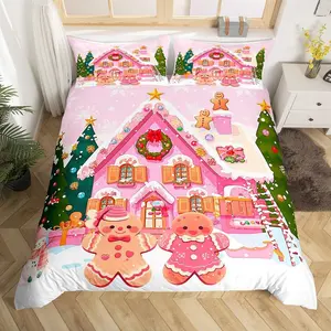 Pink Gingerbread House Duvet Cover (NO Comforter),Xmas Kawaii Gingerbread Man Candy Breathable Comforter Cover,Watercolor Winter Christmas Comforter Cover