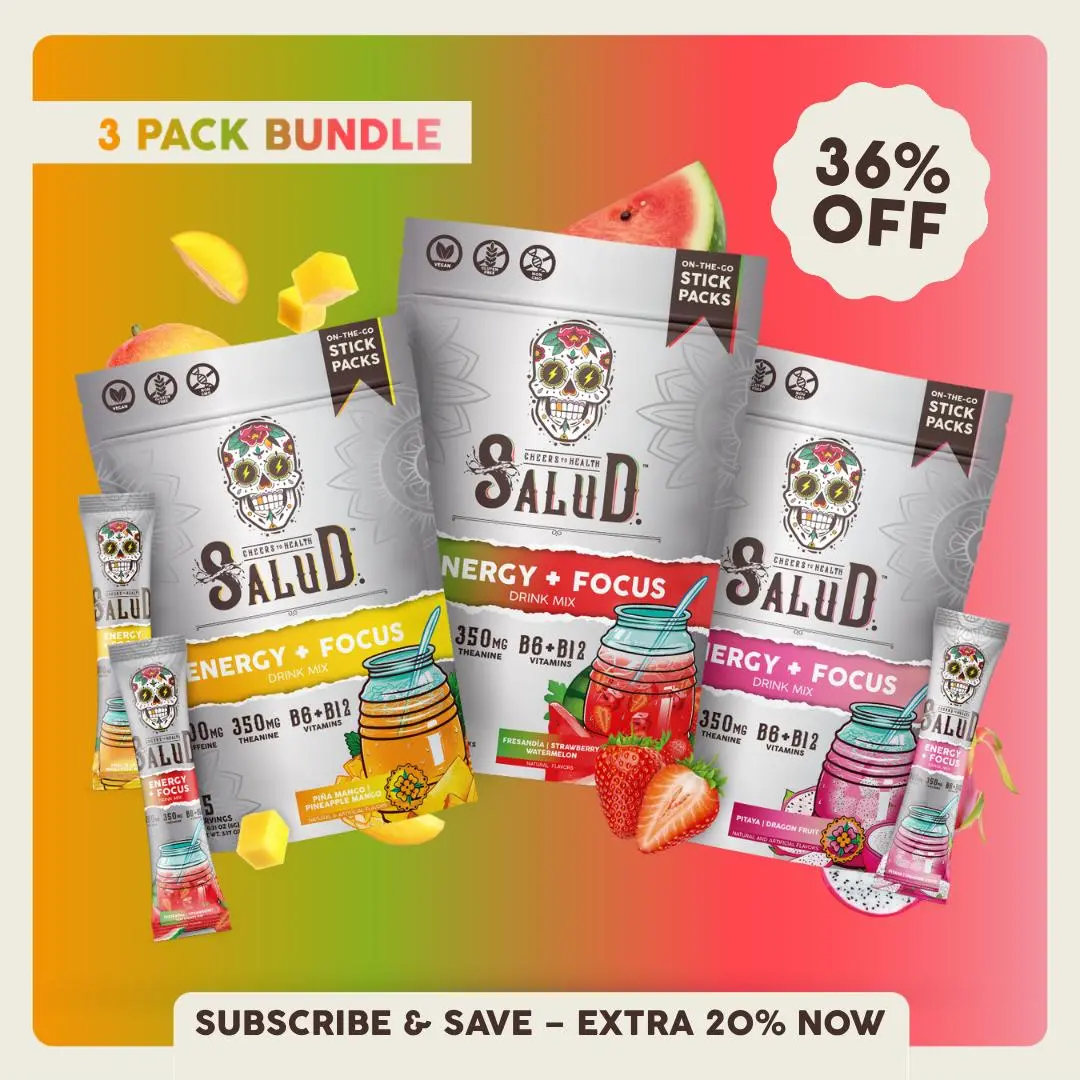 Salud 2-in-1 [Energy + Focus - Trio] Clean Energy Drink Mix, Agua Fresca, Organic Caffeine, B6 & B12, L-Theanine, Non-GMO, Gluten Free, Vegan, 1g Sugar (3-Pack, 45 Servings)