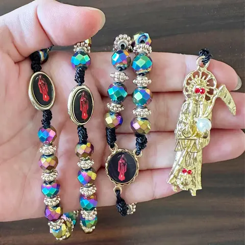 Colorblock Artificial Crystal Design Beaded Necklace, Rosary Style Religious Pendant Necklace, Spiritual Necklace, Faith Pendant Necklace for Women & Men, Fashion Jewelry for Party, Daily Clothing Decor, Shining Necklace