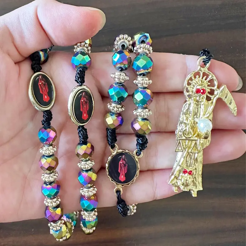 Colorblock Artificial Crystal Design Beaded Necklace, Rosary Style Religious Pendant Necklace, Spiritual Necklace, Faith Pendant Necklace for Women & Men, Fashion Jewelry for Party, Daily Clothing Decor, Shining Necklace