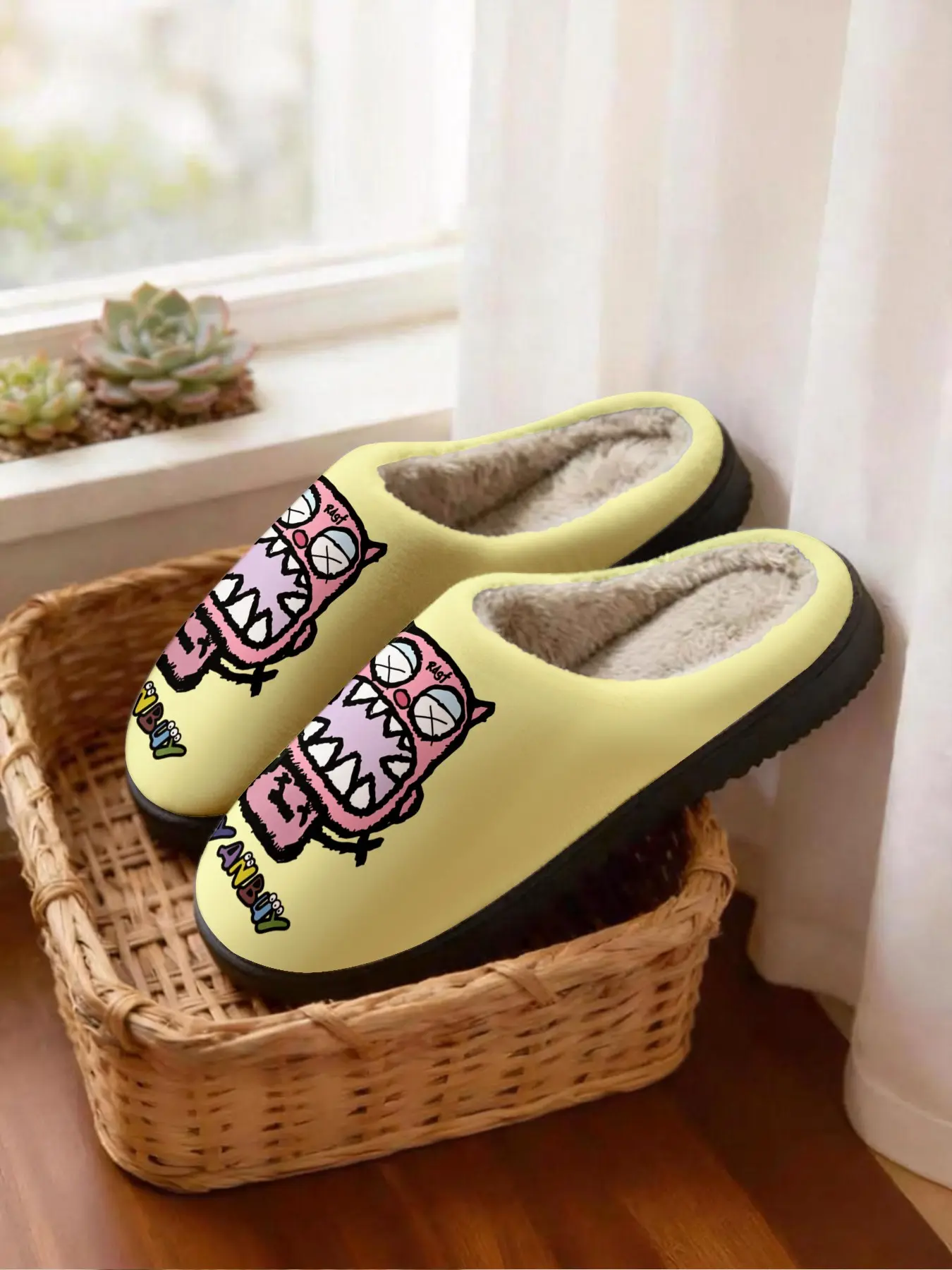 Funny Monster Cotton Slippers, Soft Base with Exaggerated Teeth and Cartoon Eyes, Casual Home Footwear for Fall & Winter