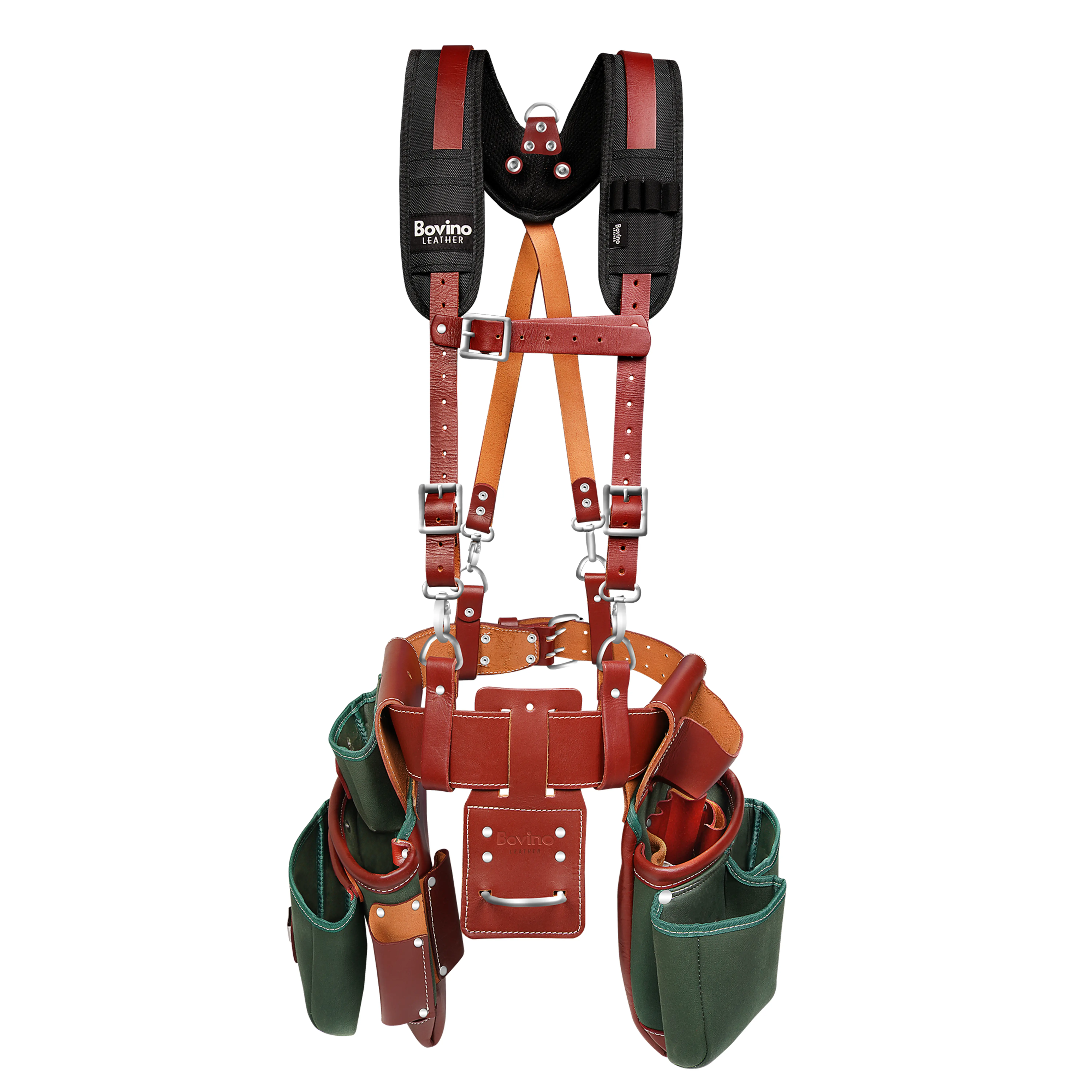 BOVINO LEATHER Nylon Framer Tool Belt with Suspenders | Heavy-Duty 21-Pocket Buffalo Leather & Nylon Tool Rig | Hammer Holder for Carpenters, Framers & Construction