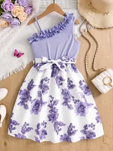 Girl's Floral Patchwork Print Belted Ruffle Dress, Casual Sleeveless Dress for Summer, Kids Clothes for Daily Wear