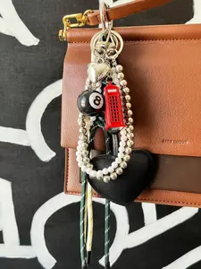Y2K Mix And Match Keychain - Fashionable And Trendy Combination, Woven Lanyard Paired With Imitation Pearl And Round Pearl Double-Layer Chains, Mini Black 8 Billiards Pendant, Black Pu Leather Heart, Personalized Accessory, Bag Pendant, Keychain.