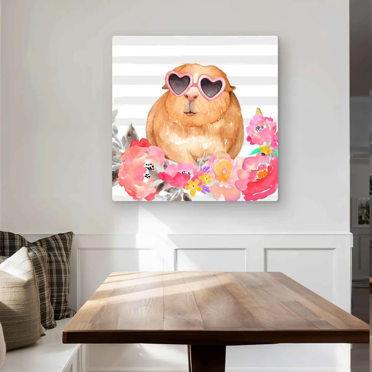 212 MAIN Artistic Gray Floral Guinea Pig with Glasses Aluminum Metal Wall Art Print - 32x32 in, Flower-Themed Home Decor, Ideal for Room Decoration, Gift Option