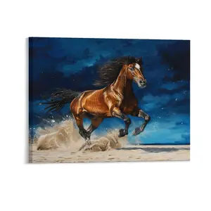 Galloping Brown Horse Canvas Posters Wall Art Prints Wildlife Animals Theme Blue Night Star Home Wall Aesthetic Living Room Bedroom Office Decor Festival Gift