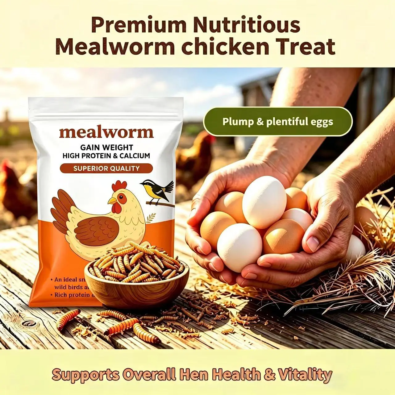 Dried Mealworm Chicken Feed（0.4lb/1.1lb/2.2lb） Non-GMO, 44% Crude Protein & 5% Calcium High Protein High Calcium For All Life Stages, Backyard Chicken Treats, Chicken Coop Supplies And Accessories, Chicken Feed Value Pack