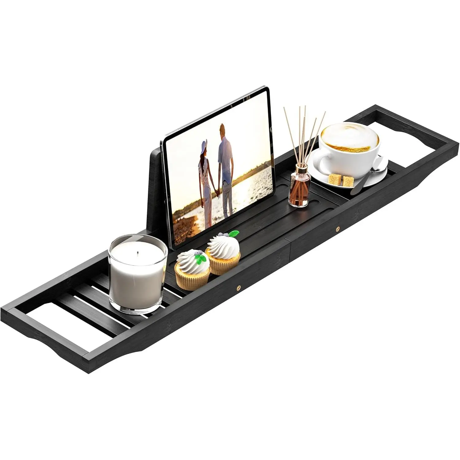 Bathtub Tray Caddy Black - Bath Tray Black - Bath Tub Table Tray Caddy - Bamboo Bath Tray for Tub
