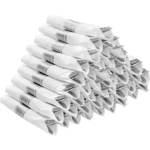 50 Pack Pre Rolled Silver Plastic Silverware Set, Disposable Wrapped Cutlery Set With 50 Napkins, 50 Knives, 50 Forks And 50 Spoons For Party, Birthday
