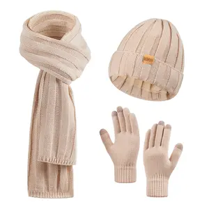 3PC Gift Set Women’s Winter Hat Scarf Gloves Set, Knit Beanie with Fleece Lining and Touchscreen Gloves