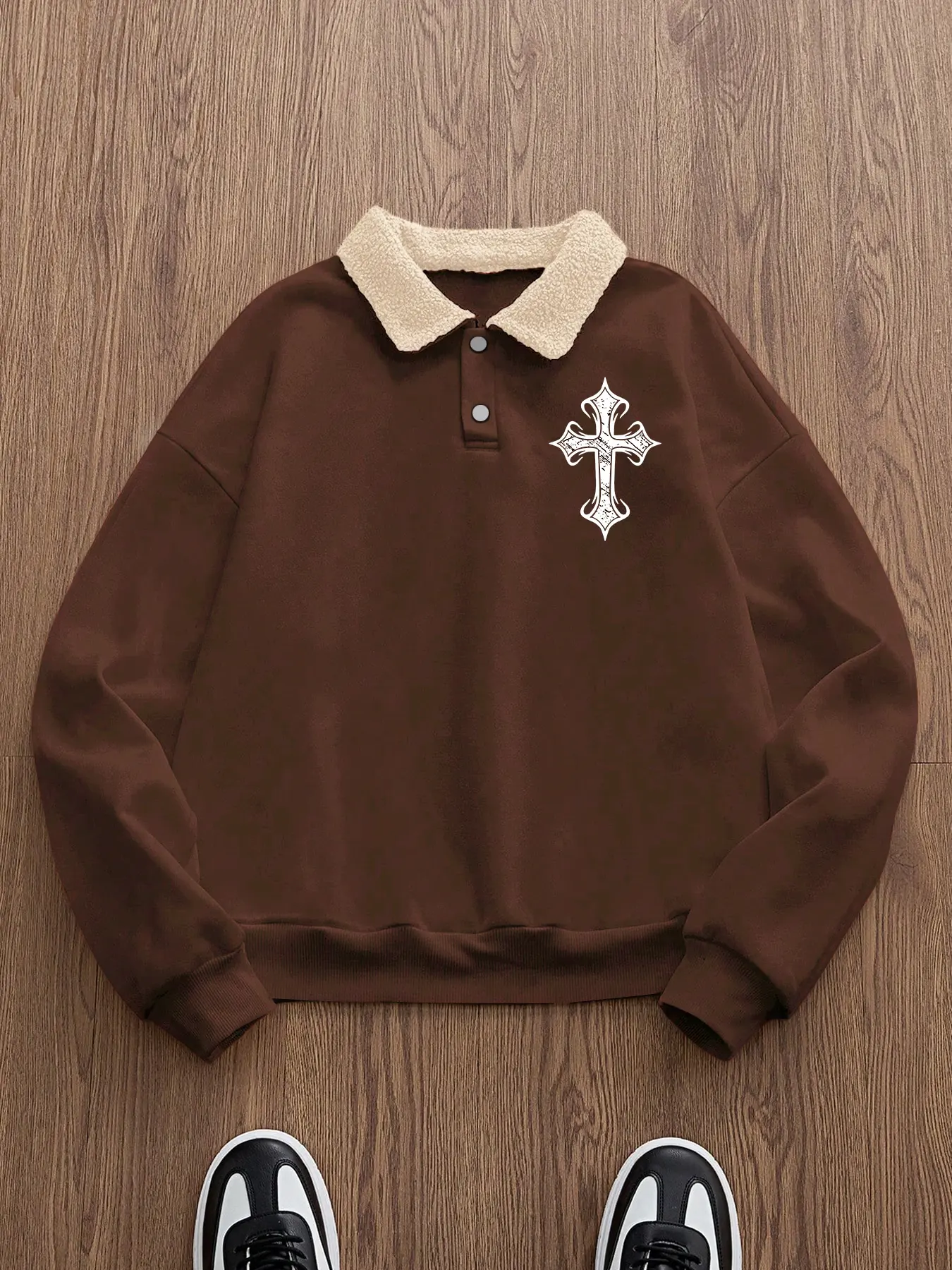 Trendy Retro Lamb Wool Collar Sweatshirt, Cross Print Polo Shirt