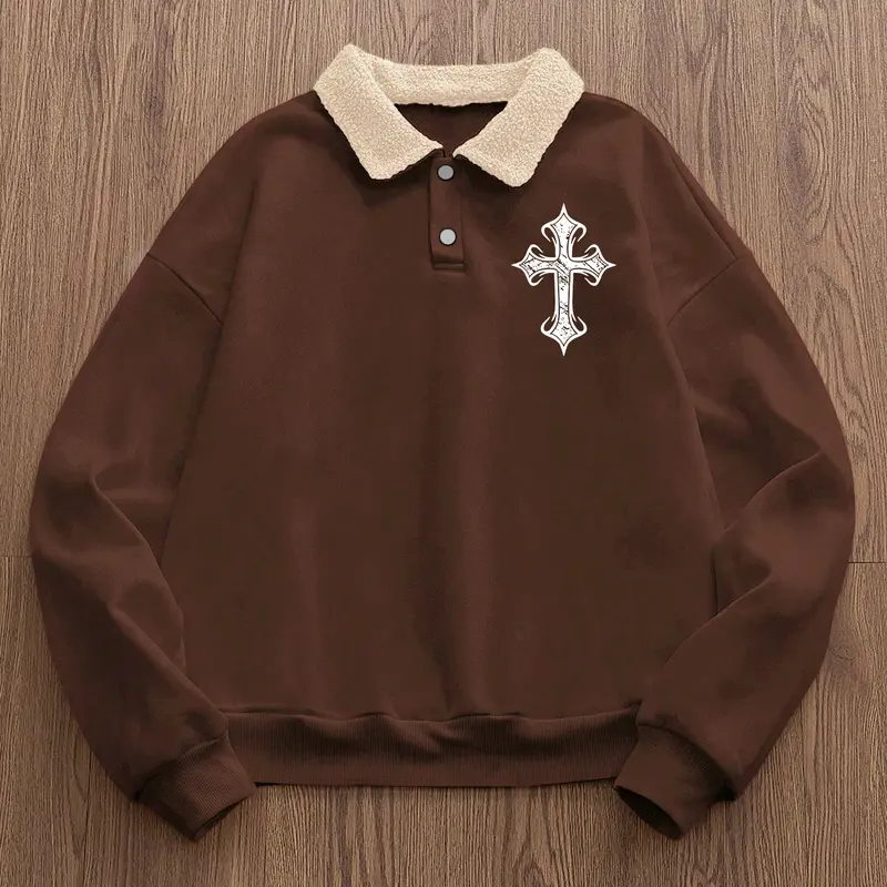 Trendy Retro Lamb Wool Collar Sweatshirt, Cross Print Long Sleeve Polo Shirt, Comfortable Casual Wear for All Seasons, Fitted Design, Man