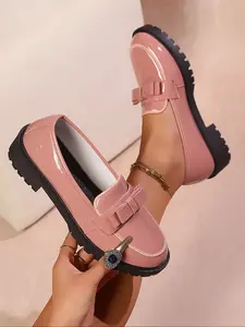 Women's Fashion Comfortable Casual Loafers, Fashionable Loafers, Bow Design High Glossy Wear-Resistant Sole, Perfect for Parties or School