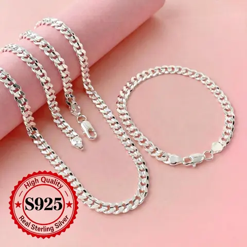 2pcs/set 925 Silver-plated 7mm Sideways Cuban Necklace Bracelet Set for Men Women， Lobster Clasp 20&24inches Daily Wear Birthday Party Gift Ideal Sleek Silver Finish