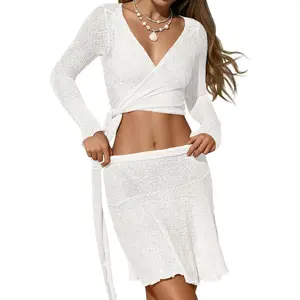 【Summervibes】Saodimallsu Womens 2 Piece Sheer Mesh Cover Up Long Sleeve Wrap Tie Crop Tops Ruffle Mini Skirt Beach Coverup Set Clothes Womenswear Suits Swimsuit Swimsuit Suits Swimsuit