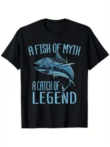 Men's Mythical Fish Legendary Catch T-Shirt, Fishing Short Sleeve Top, Animal Print, Fitted Long Clothing, Casual Style