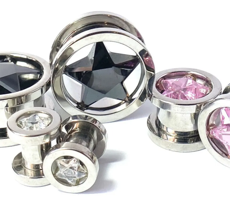 PAIR Star CZ Gem Screw Fit Tunnels Plugs Gauges Earlets Body Jewelry Piercing