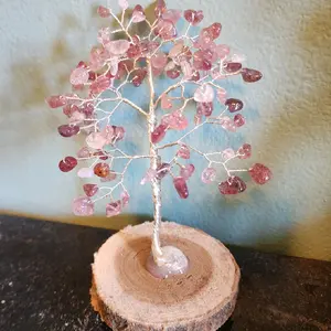 Strawberry Quartz Gemstone Prosperity Tree Home Decor Medium with Wood Base for Enhancing Luck and Wealth