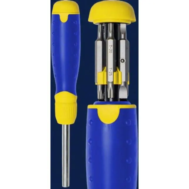 13-in-1 Multi Bit Screwdriver with Retractable Cartridge - Hex Shaft for Phillips, Star, Flat, Square Bits - Professional Hand Tool - Durable Yellow Handle - Compact & Versatile Design