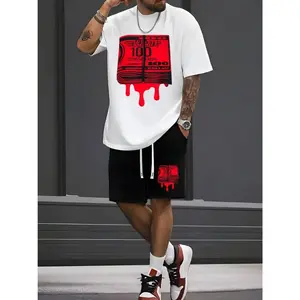 Hundred Dollar Bill Dripping Mens 2 Piece Short Set Outfit Matching T Shirt and Shorts Graphic Print Tracksuit Style for Men Casual Beachwear Activewear Loungewear Sporty Cool Vacation Clothing Fabric Menswear Polyester Sleeve