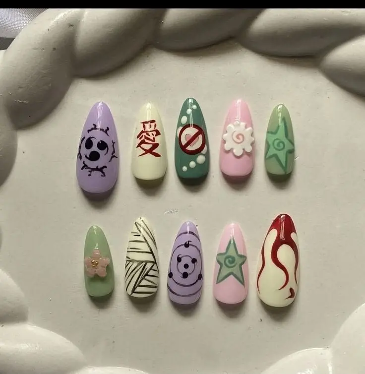 ANarutoire Press On Nails | Konoha Sharingan Pastel Hand Painted Anime Reusable Nail Art with Gift Set (Adhesive Tabs, Nail File, Cuticle Stick)