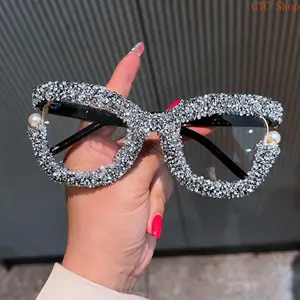 Full Diamond Oversized Square Blue Light Glasses for Women, Viral Thick Frame Stylish Office Eyewear, High Clarity Anti Eye Strain Protective Clear Lens, Durable Elegant Comfortable Frame Structure, Lightweight All Day Wear Fashion Decorative Eyeglasses,