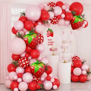 128pcs Strawberry Balloon Arch Set - Red And Pink Latex And Foil Balloons For Birthday, Wedding, Anniversary, Graduation - Indoor/Outdoor Party Decorations, Valentine Day Mother's Day Graduation