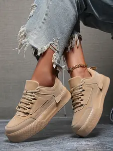 Women's Minimalist Solid Color Patchwork Front Lace-Up Skate Shoes, Round Toe Elevator Casual Sports Sneakers, Ladies Fashion Footwear