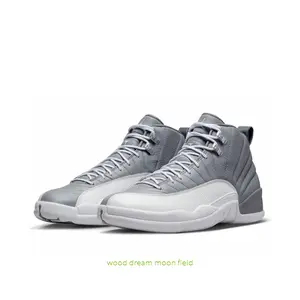 Cool Grey and White High-Top Retro Basketball Shoes with Pebbled Leather and Textured Leather Upper, Monochromatic Midsole