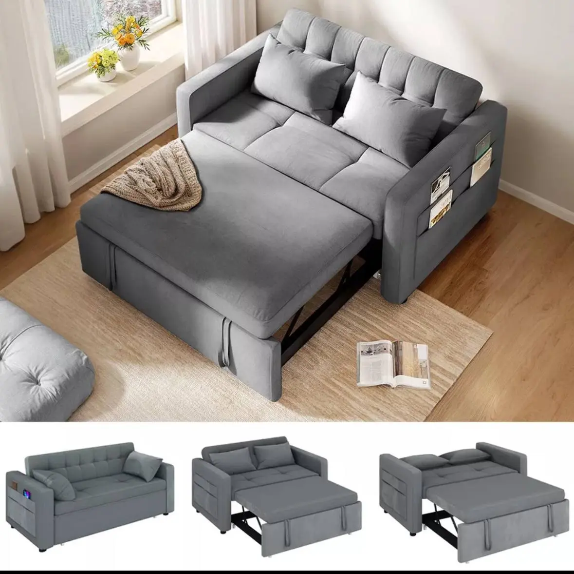 55" 3 in 1 Convertible Sleeper Sofa Bed Velvet Loveseat Pull Out Sofa Bed Couch for Modern Living Spaces