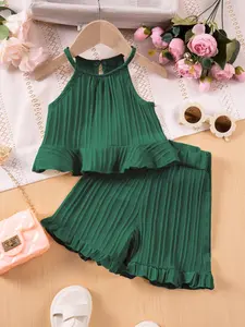 Girls Sleeveless Tank Top + Shorts Set, Summer Casual Sweet Two-Piece, Elegant Cute Kids Clothing, Striped Pattern, Striped Sets