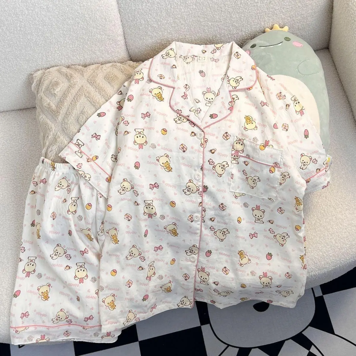 Cartoon Three Piece Set Pants Short Sleeves Kawaii Rilakkuma Pajamas Women's Summer Short Sleeves Shorts Student Home Suit Set