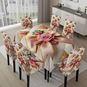 5/7-piece 2D Flat Printing Happy Spring Pink Rose Bow Printing Pattern Tablecloth and Chair Cover Set, for dining table and chair decoration, perfect for home, holiday gatherings, restaurants, and parties, Chair Covers Set