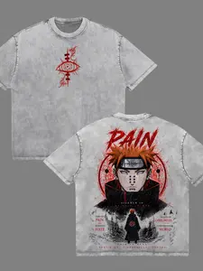 Pain Nagato Naruto Shippuden Akatsuki Deva Path Vintage Washed T-Shirt Rinnegan Anime Graphic Tee, Heavyweight Cotton Gym Pump Cover, Y2K Streetwear Men's Top, Ultimate Anime Fan Gift,PAIN Text Akatsuki Nagato Dark Naruto Anime Graphic Tee