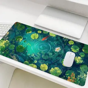 Lotus Leaf & Koi Pattern Mouse Pad, Rectangle Gaming Mouse Pad, Non-Slip Rubber Base Stitched Edge Desk Pad for Home Office Game Room, Desk Accessory, Desk Mats