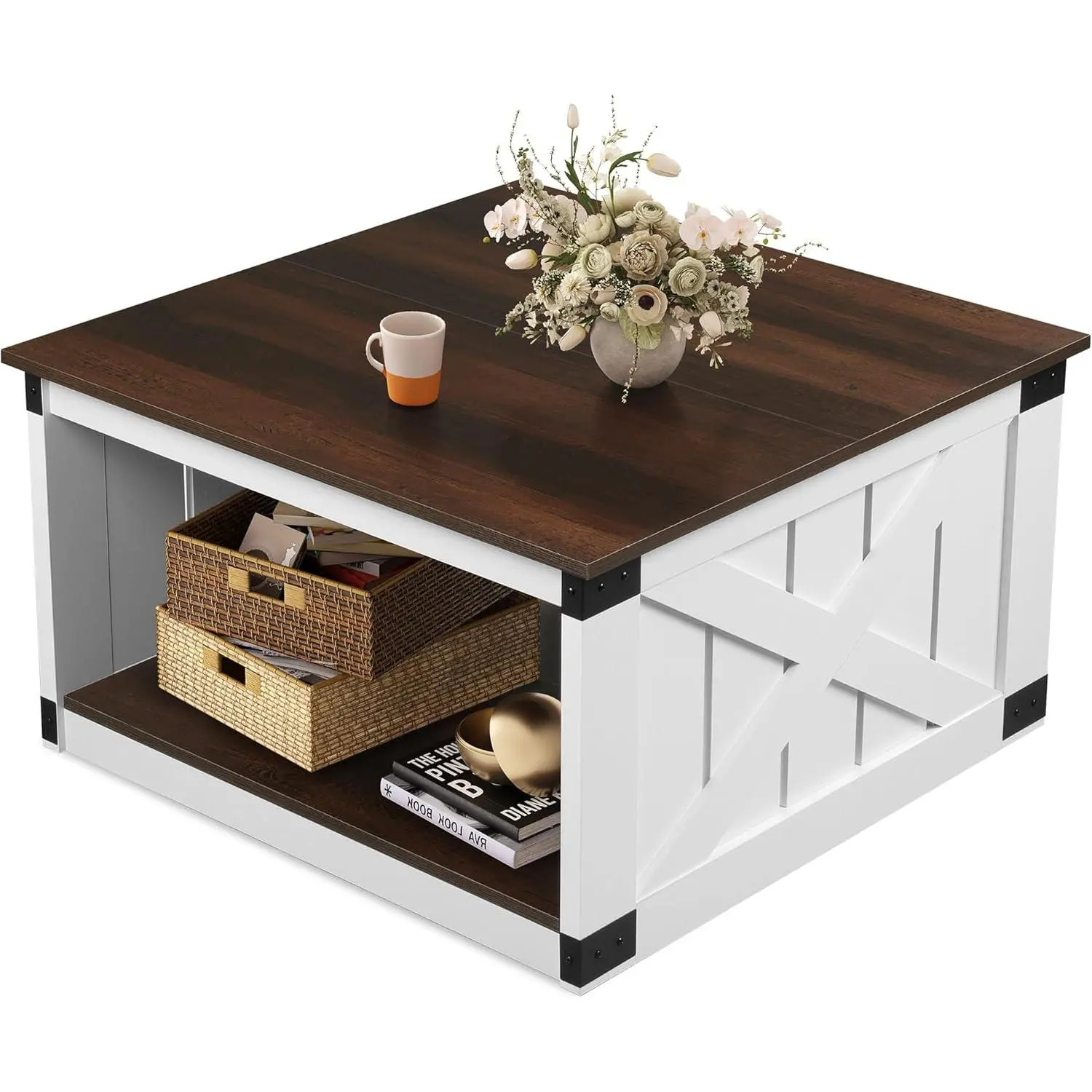 WLIVE Farmhouse Coffee Table for Living Room, 31.5" Square Wood Coffee Table with Storage, 2-Tier Rustic Center Table with Sturdy X-Frame, Scratch-Resistant Waterproof Top, Espresso