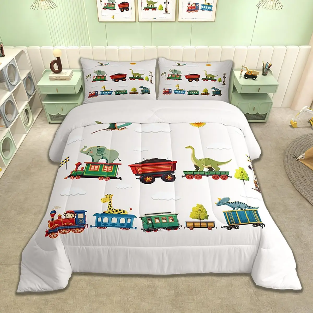 Cute Animals Comforter Set Cartoon Dinosaur Bedding Set Cartoon Car Duvet Quilt Bedroom Decor Microfiber Ultra Soft Breathable